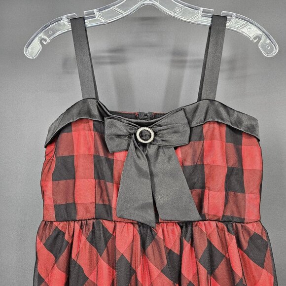 Secret Charm Dress Womens 16 Red Black Plaid Bow Rhinestone Party Cocktail Strap - Picture 2 of 12